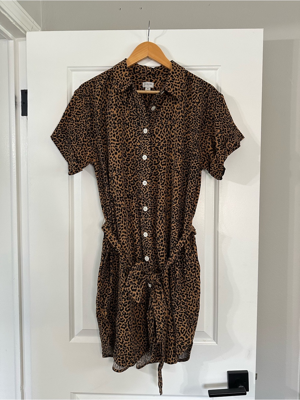 J Crew Linen-Blend Belted Mini Shirt-Dress in Warm Brandy Black, Size Medium